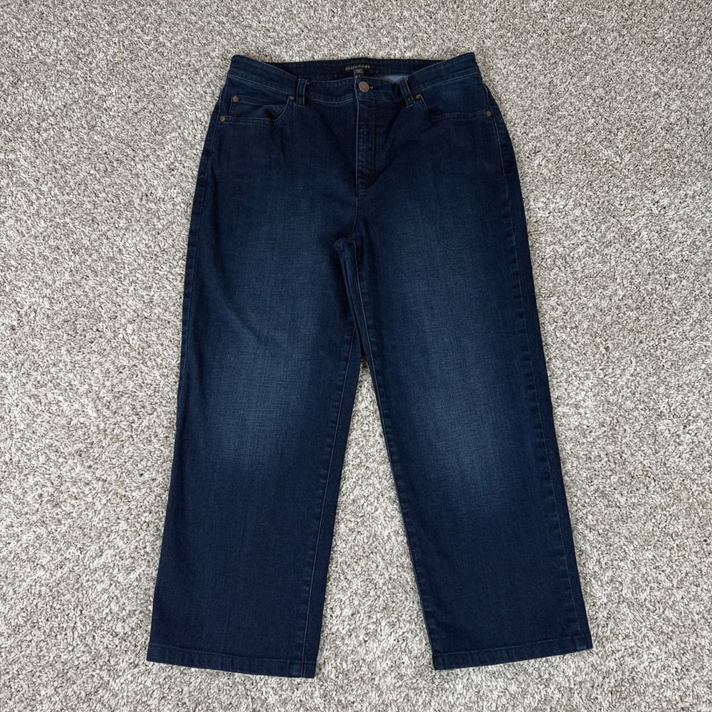 EILEEN FISHER Jeans Womens 8 Blue Dark Cropped Wide Leg High Rise Denim